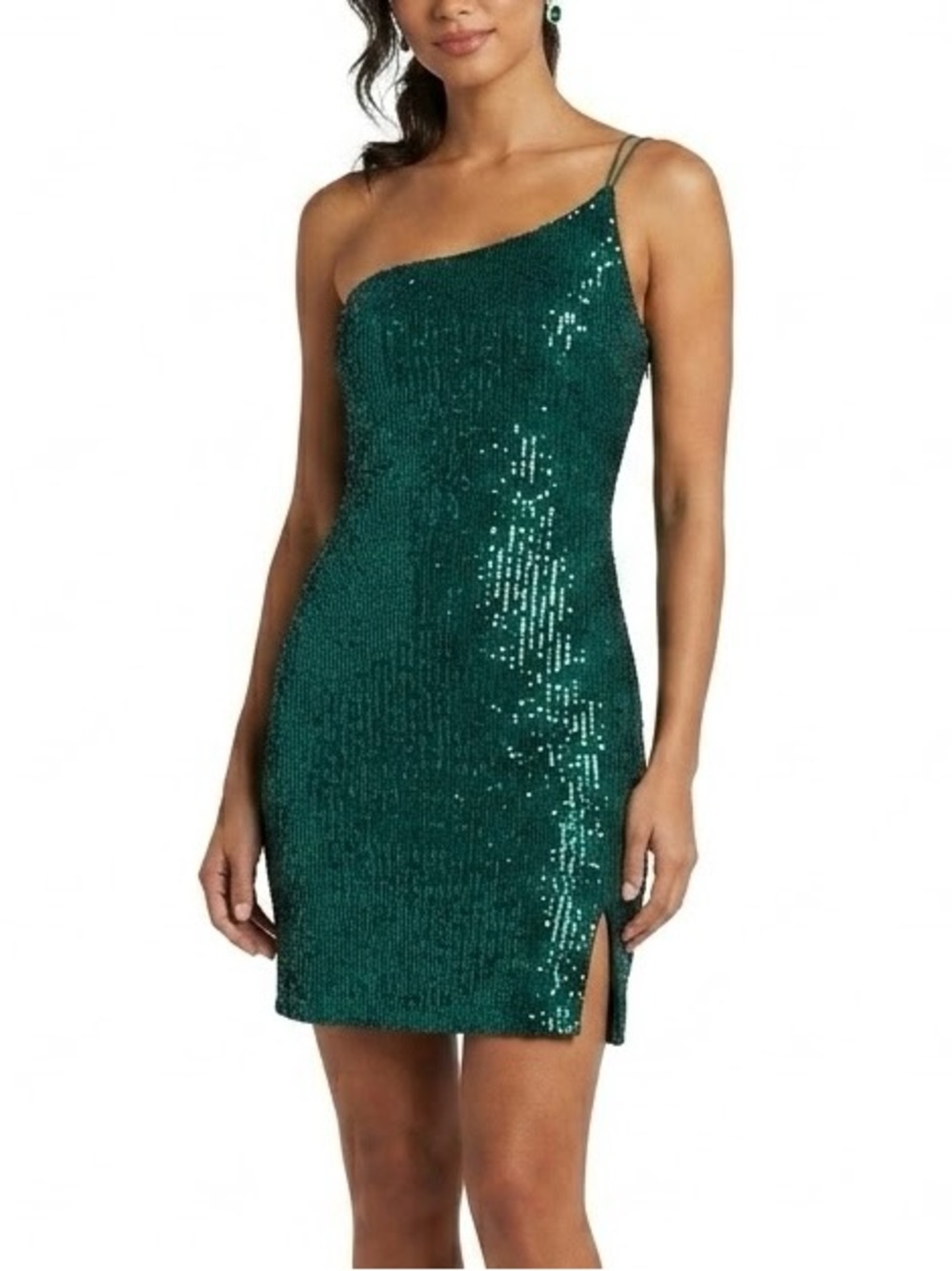 Crystal Sky One-Shoulder Emerald Sequin Mini Dress Size M NWOT